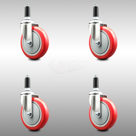 Service Caster 5 Inch 316SS Red Polyurethane Swivel 1 Inch Expanding Stem Caster Set SCC SCC-SS316EX20S514-PPUB-RED-1-4
